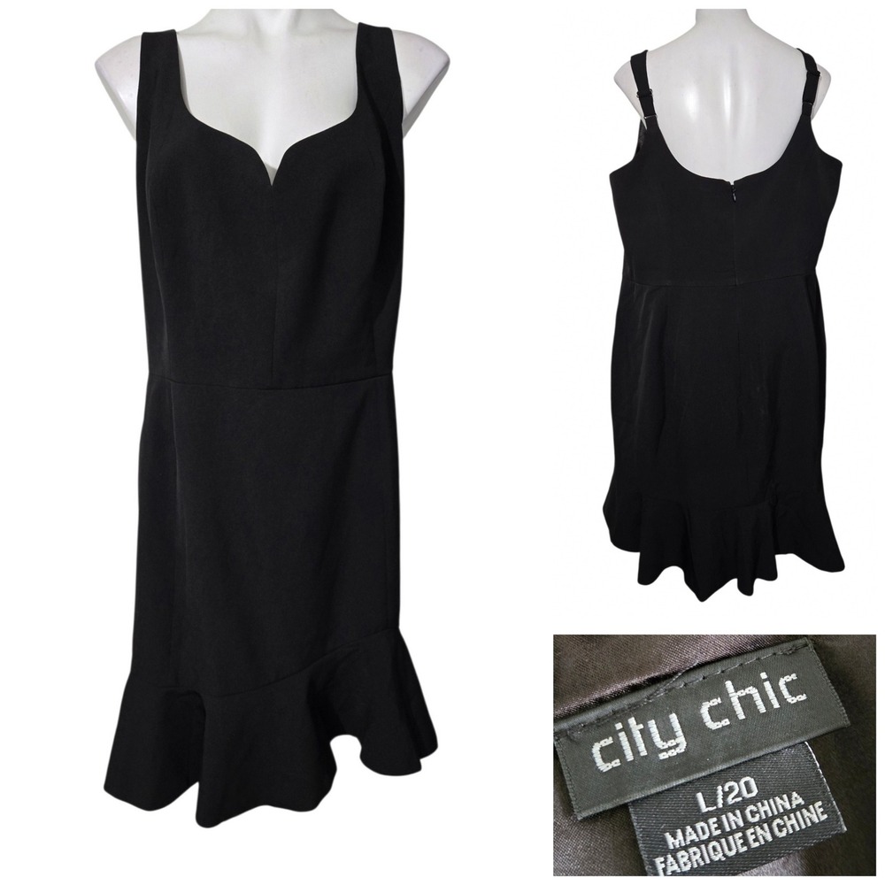 City Chic Black Ruffle Hem Sweetheart Neck Cocktail Dress L 20 Plus Size LBD